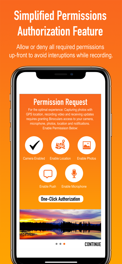 Binoculars - Binoculars app permission request screen featuring a one click authorization button for camera and location access.
