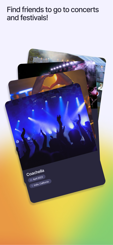 Turn-Up - Écran de l'application Turn-Up montrant des cartes d'événements de festival pour trouver des partenaires de concert