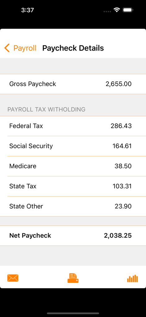 Captura de tela do aplicativo Payrollguru exibindo um detalhamento detalhado da folha de pagamento, incluindo salário bruto, várias retenções de impostos e salário líquido