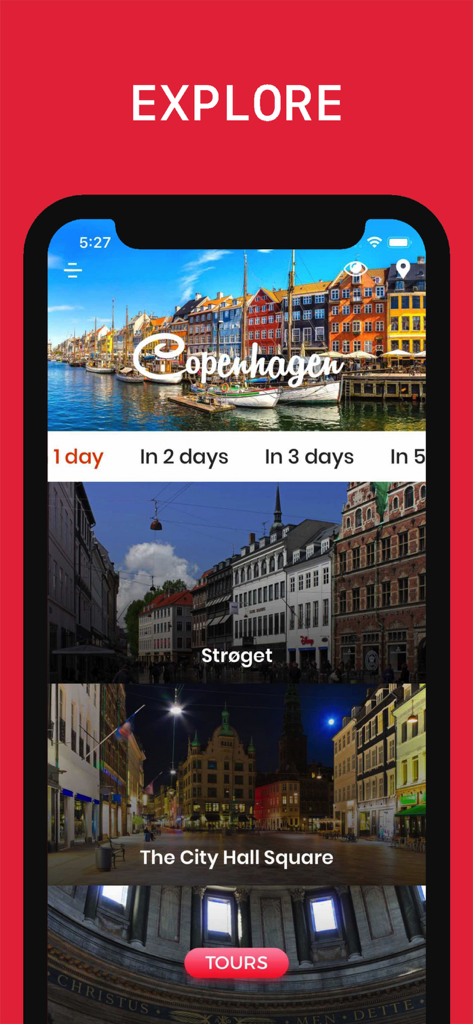 Kopenhagen Reiseführer App, die tägliche Reiserouten und Stadtsichtpunkte anzeigt