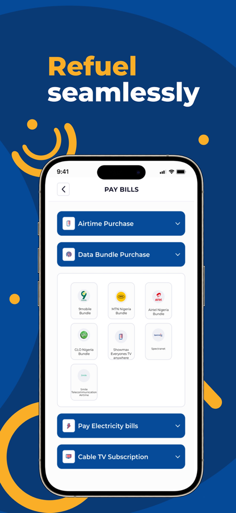 Trade Lenda mobile App-Bildschirm mit Optionen zur Bezahlung von Rechnungen, einschließlich Airtime-Datenpaketen, Strom und Kabelfernsehen