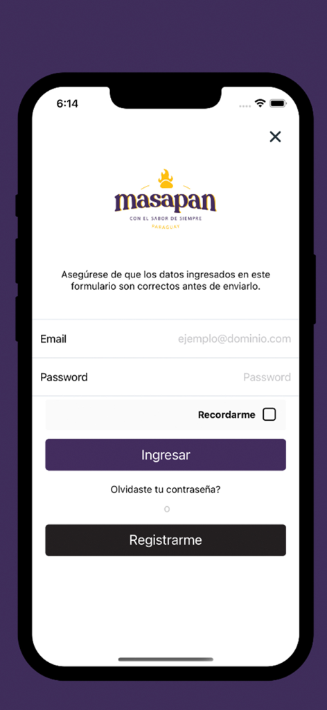 Anmeldebildschirm der Masapan Paraguay App mit E-Mail- und Passwortfeldern und einem lila Anmeldebutton