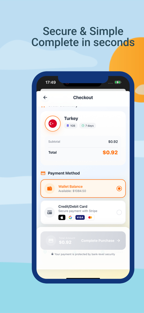eSimFly - eSimFly app checkout screen for a Turkey travel data plan with secure payment options