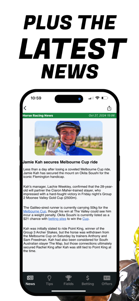 A mobile phone screen displaying the latest horse racing news within the Just Horse Racing app