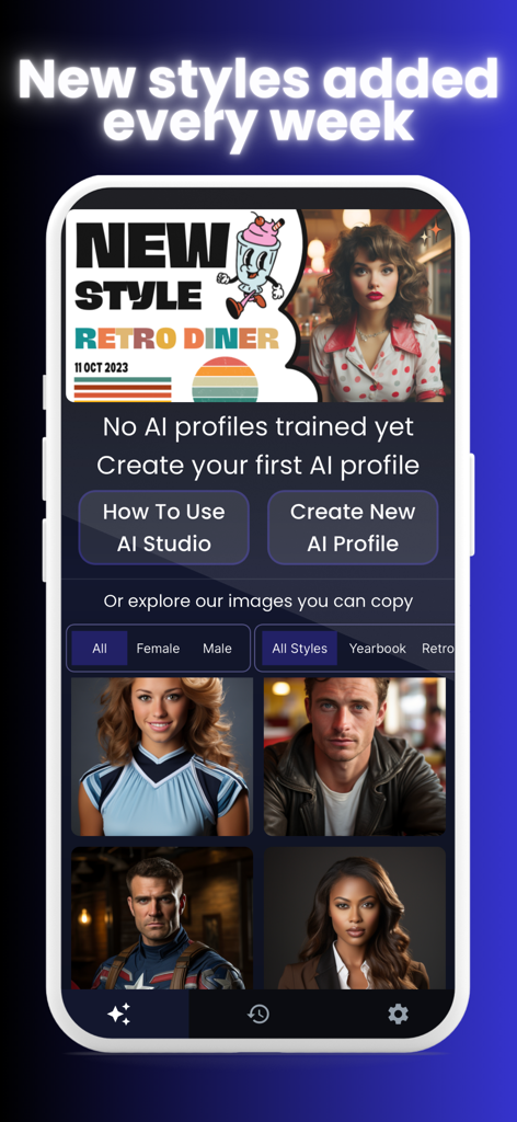 Interface do aplicativo gerador de fotos de IA mostrando vários estilos de retratos profissionais e criativos