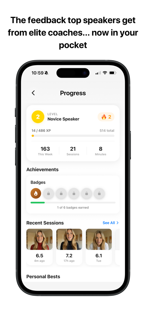 Progress dashboard in the Confidently app showing speech stats and recent AI coaching scores