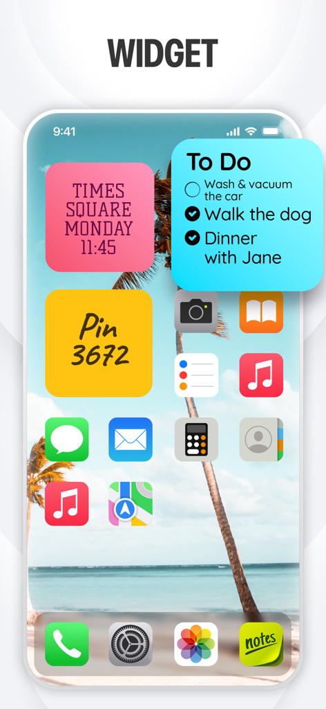 Sticky Notes & Color Widget - iPhone home screen displaying colorful sticky note widgets with a to-do list and personalized memos