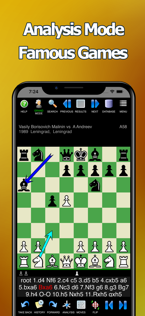 Captura de pantalla de la aplicación Chess Pro que muestra el Modo de Análisis con un juego histórico famoso y flechas de movimiento en un tablero verde y blanco.