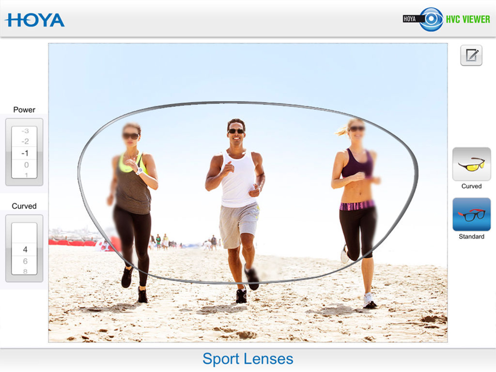 HVC Viewer - A simulation showing the visual performance and peripheral clarity of Hoya sport lenses for athletes on a beach.