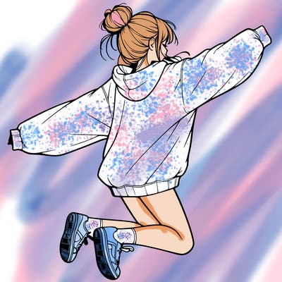 realistic girl jumping with a bun and oversized sweatshirt