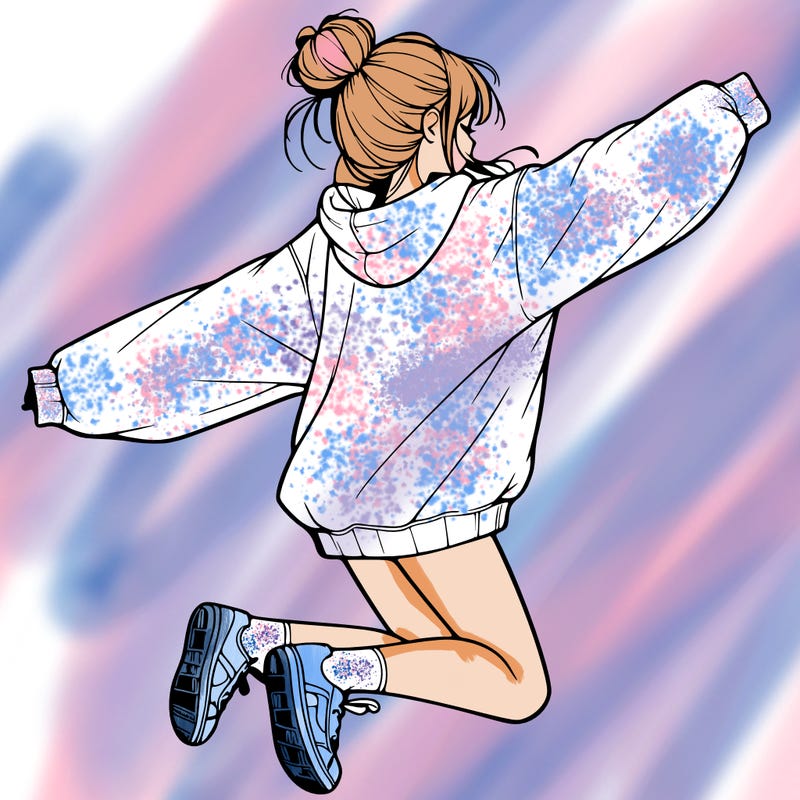 realistic girl jumping with a bun and oversized sweatshirt