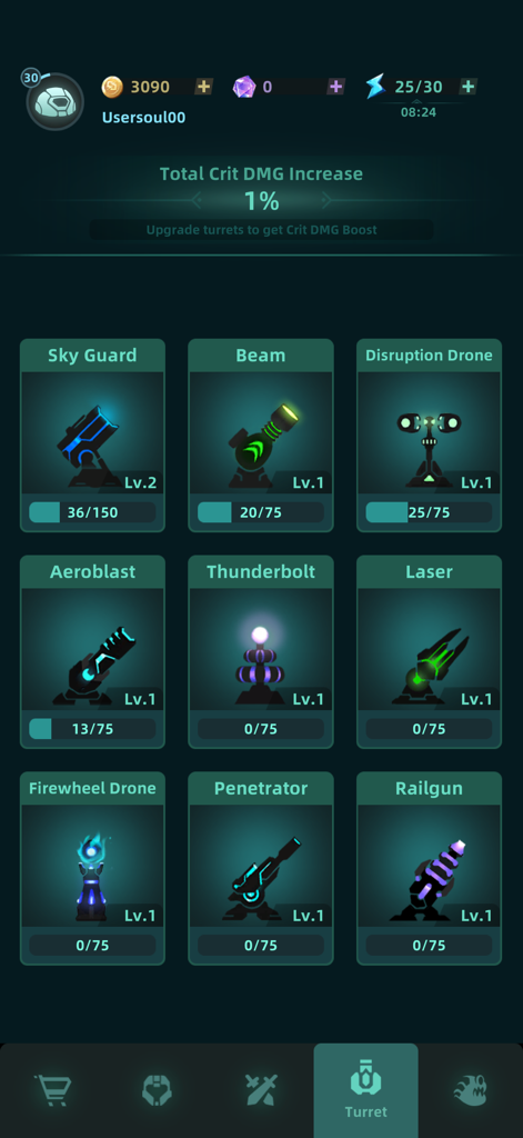 Galaxy Defense: Fortress TD - Un menú en Galaxy Defense mostrando varios tipos de torretas, incluyendo Guardia Celeste, Rayo y Cañón de Riel, con barras de progreso de nivel.