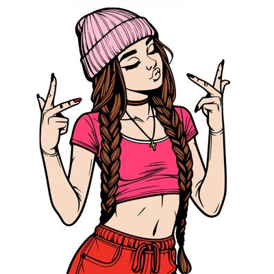 realistic teenage girl with braids and a beanie and crop top doing 🫶🏼
