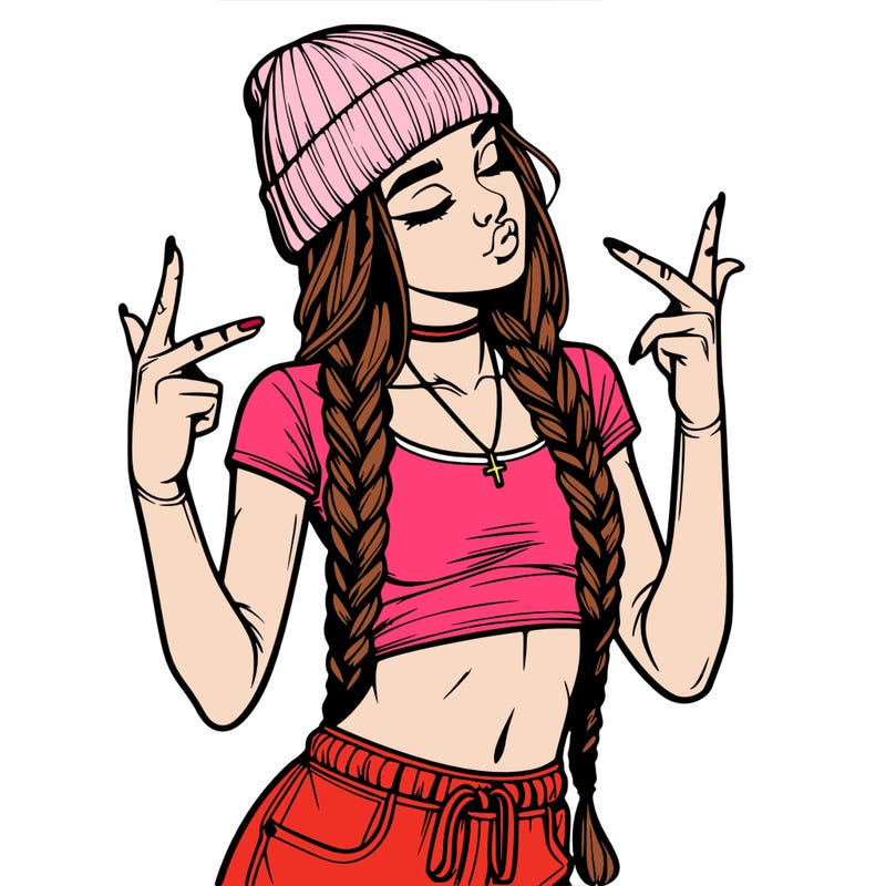 realistic teenage girl with braids and a beanie and crop top doing 🫶🏼