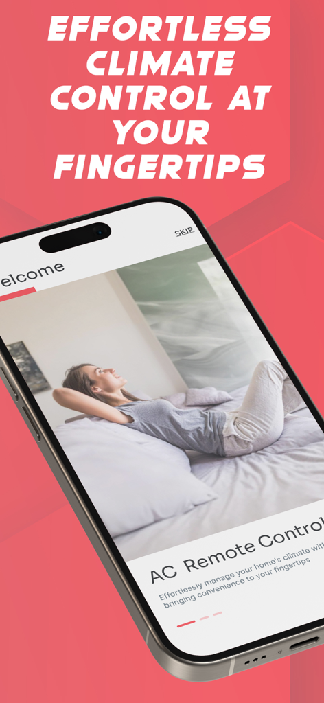 Universal AC remote control app welcome screen showing a woman relaxing in a comfortable climate.