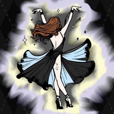 dancer dancing with a shimmery costume on realistic