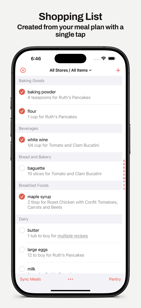 MealBoard - Meal Planner - A grocery shopping list on the MealBoard app organized by aisle categories like baking goods and beverages