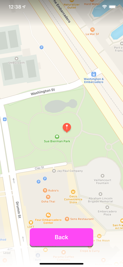 MeetHere - meetup with friends - Map interface of the MeetHere app showing a pin at Sue Bierman Park in San Francisco