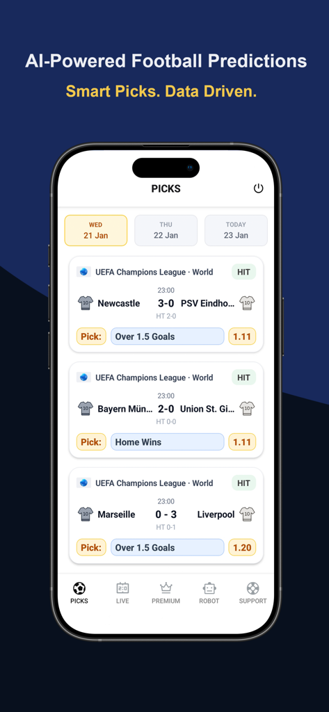 BetPredict AI: Betting Tips - Screenshot of BetPredict AI app showing data-driven football betting picks for various matches