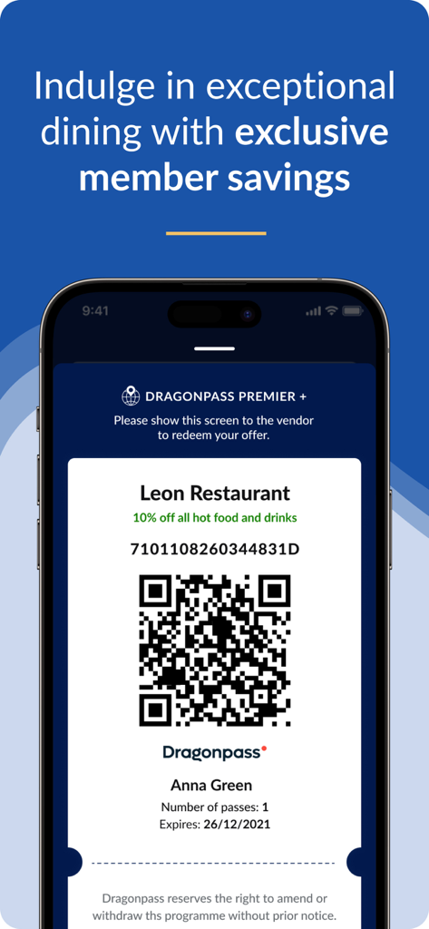 DragonPass Premier+ - Leon Restaurantでの特別割引のためのデジタルQRコードを表示するDragonPass Premier plusアプリ