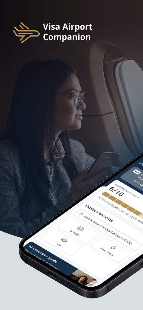 Smartphone mostrando la aplicación Visa Airport Companion con beneficios de viaje como acceso a salas VIP y vía rápida.