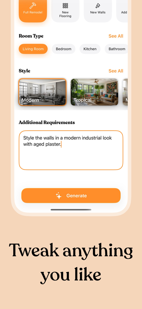 Interface do aplicativo AI Home Design mostrando a seleção do tipo de cômodo e um prompt de texto personalizado para um visual industrial com gesso envelhecido.