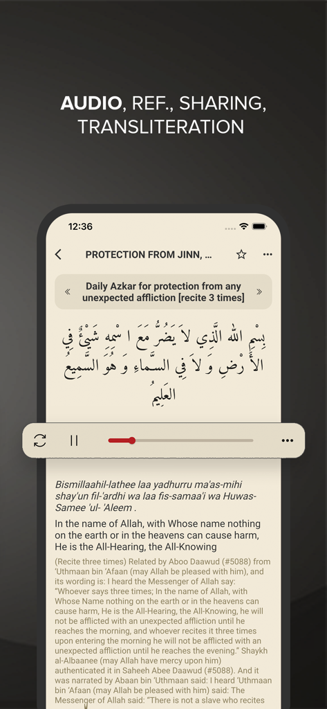 Hisnul Muslim app interface showing a protection dua with Arabic script, audio controls, English translation, and transliteration.