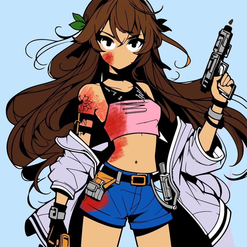 bad girl wearing crop top holding a gun long hair anime