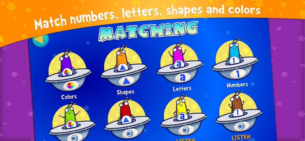 Schermata del gioco di abbinamento nell'app Alien Buddies con attività per colori, forme, lettere e numeri.
