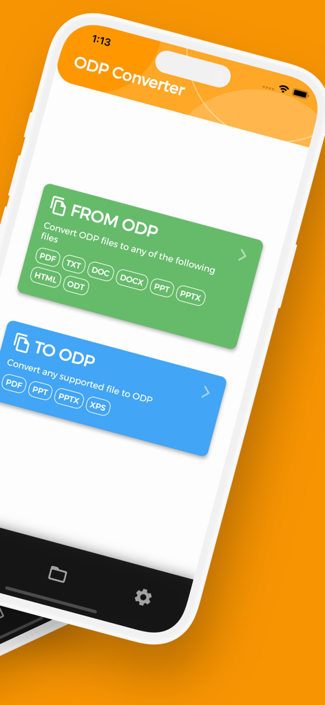 ODP Converter, ODP to PPTX - ODP Converter app interface displaying options to convert files from ODP to PPTX or PDF and vice versa