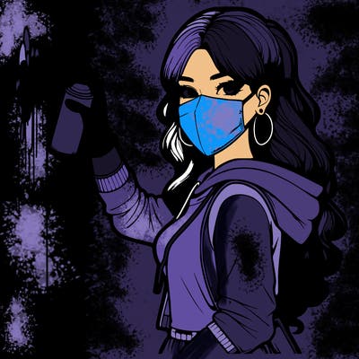 realistic girl with mask spray painting a wall