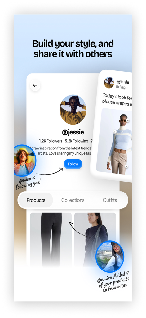 Melian App-Oberfläche, die Benutzerprofile zum Teilen von Stilen und soziale Community-Interaktionen wie Folgen und Favorisieren von Produkten zeigt.