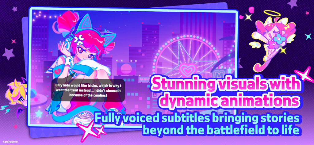 Anime character in a neon cityscape with text describing stunning visuals and dynamic animations in Muse Dash.
