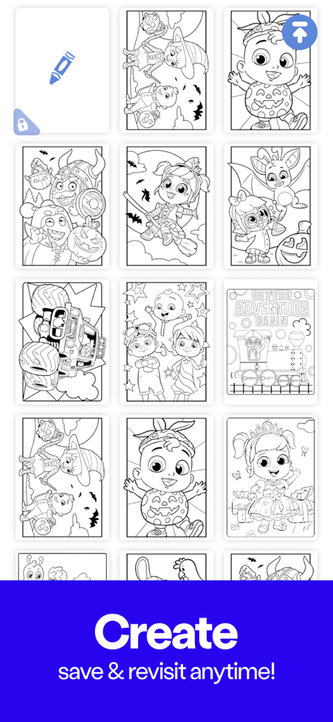 A collection of digital coloring pages featuring Blippi and CoComelon characters in various costumes and settings