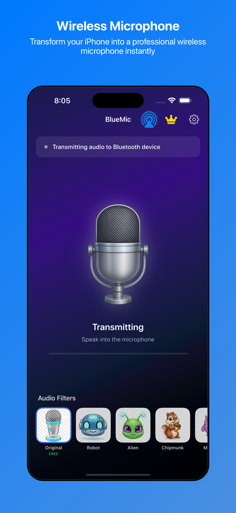 Bluetooth microphone - BlueMic - Screenshot of BlueMic app turning an iPhone into a wireless microphone with audio filters