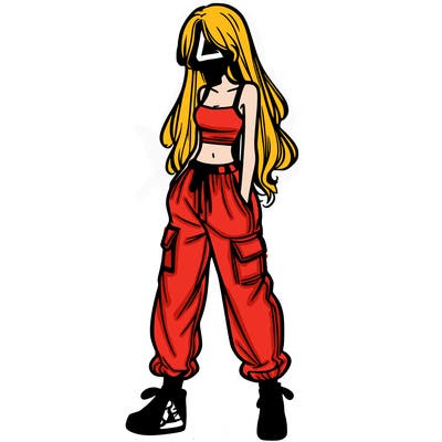 girl in baggy pants crop top and long hair