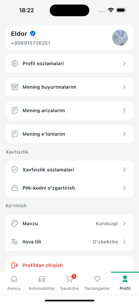 Markab - Markab app user profile screen with account and security settings in Uzbek