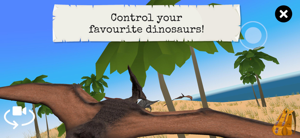 4DKid Explorer: Dinosaurs Full - Vista en primera persona de un dinosaurio volador sobrevolando una playa tropical con palmeras en 4DKid Explorer.