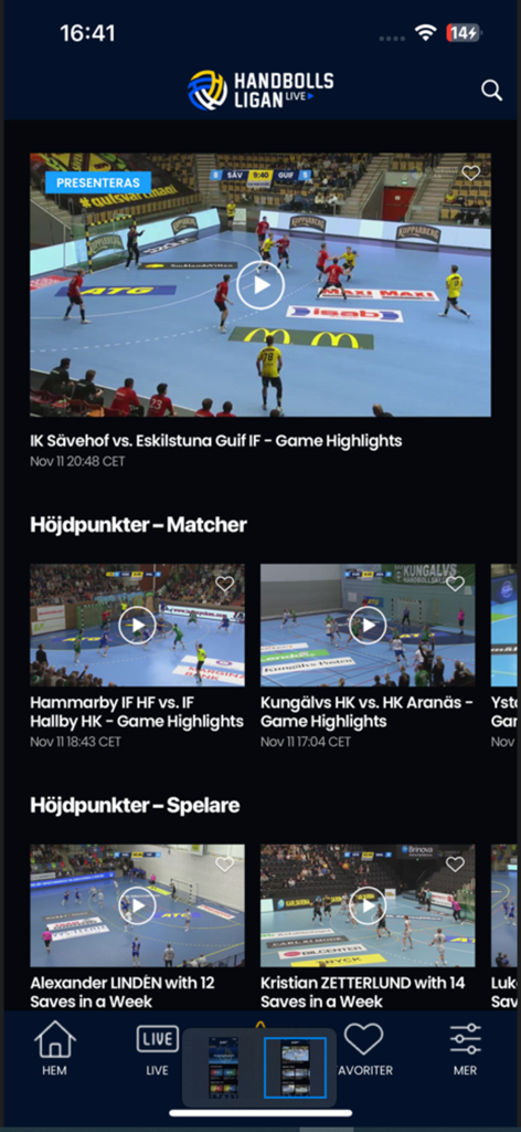 Handbollsligan Live - Handbollsligan Live app home screen featuring Swedish handball match and player highlights