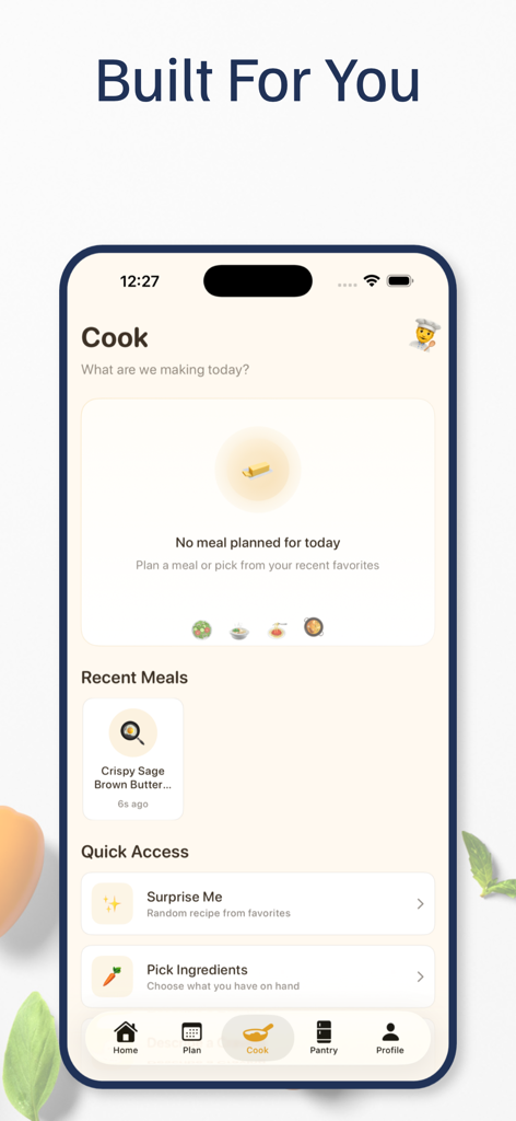 Butter - Quick Recipes - Butter app Cook dashboard showing Quick Access options for Surprise Me recipes and Pick Ingredients