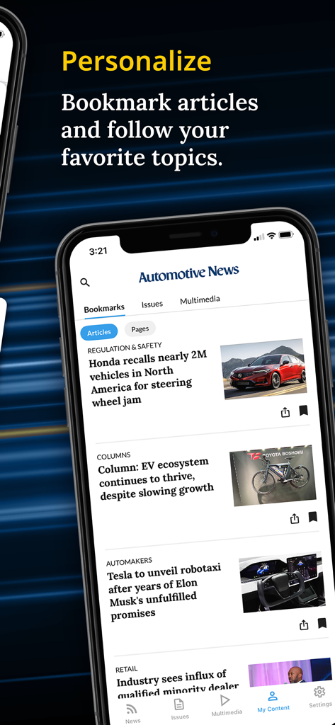 Automotive News app screenshot showing the bookmarking feature for personalized industry news
