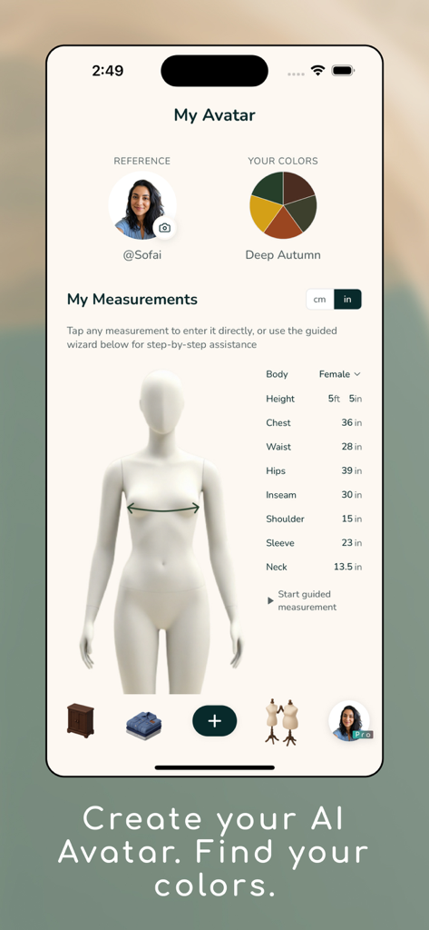 Uwear: Try On Anywhere - Mobile screen showing AI avatar creation with seasonal color analysis and detailed body measurements for virtual fashion fitting.