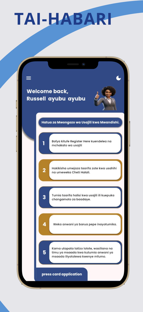Tai-Habari App-Dashboard, das die Schritte zur Registrierung von Journalisten und die Schaltfläche zur Beantragung eines Presseausweises anzeigt