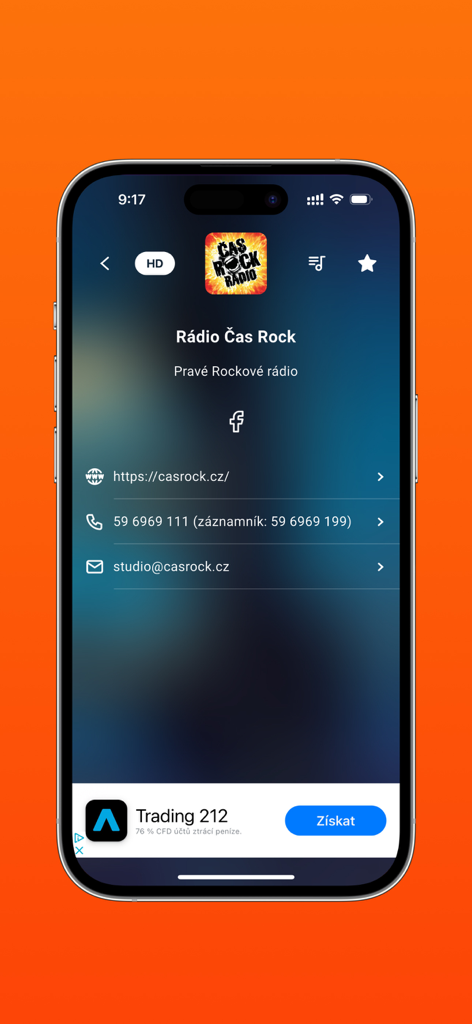 Details view of Radio Cas Rock station in the PLAY.CZ app showing contact info and social links