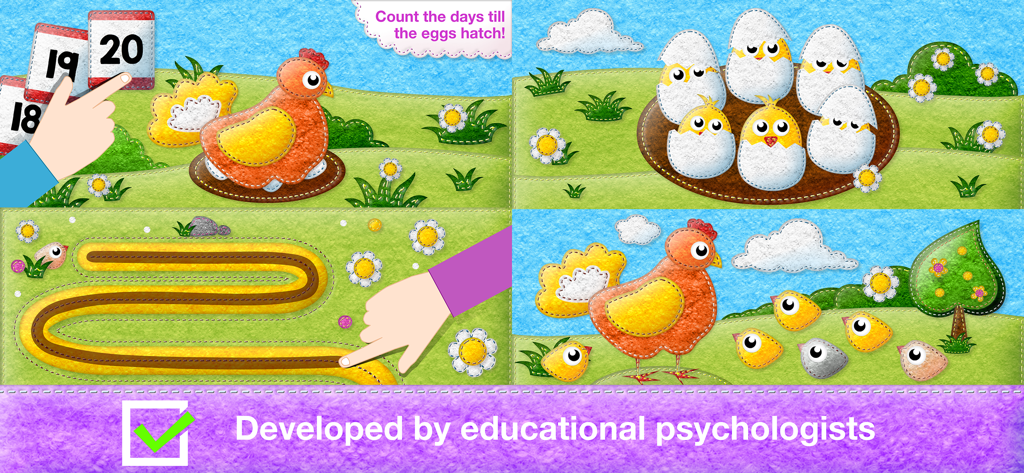 Preschool learning app activities for toddlers including counting numbers and tracing paths with farm animals
