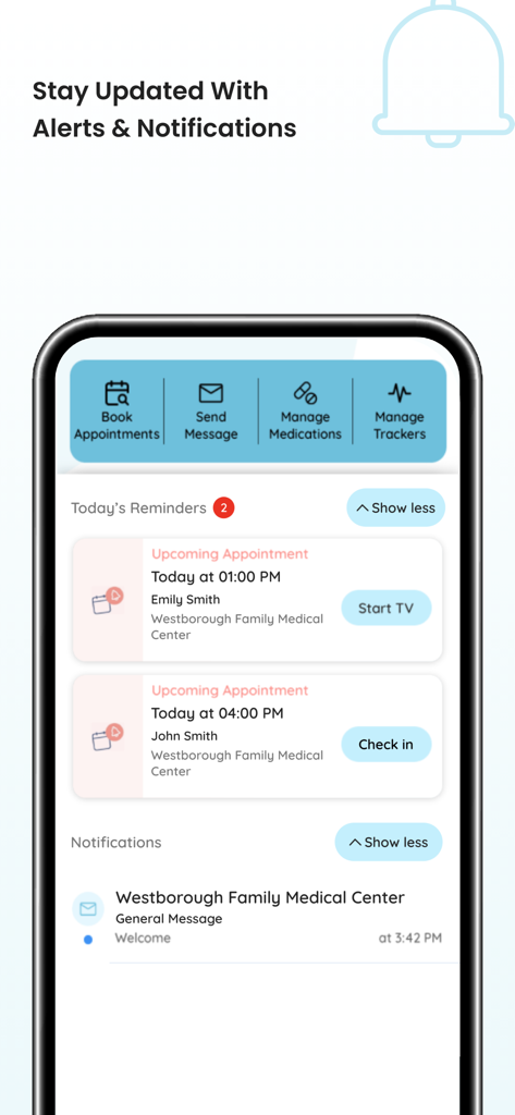 healow app screen displaying medical appointment reminders and notifications for family health management.