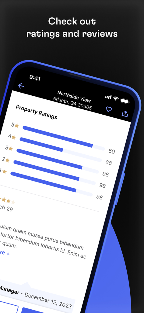 Rent. Apartments and Homes - An iPhone screen displaying property ratings and resident reviews for an apartment listing on the Rent app.