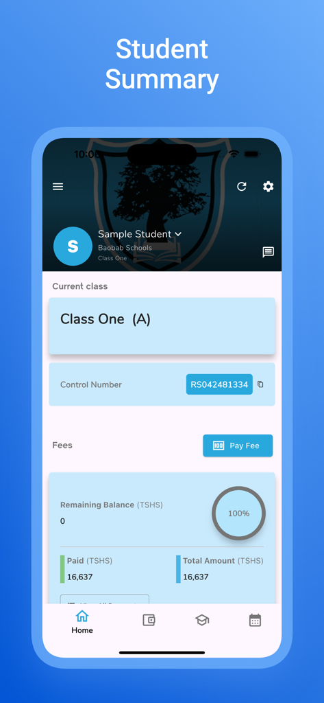 Baobab Schools - Écran de résumé de l'étudiant de l'application Baobab Schools montrant les détails de la classe et le statut des frais de scolarité