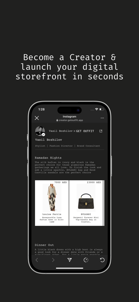 A mobile app screen showing a fashion creator's digital storefront with luxury curated outfits on the Get Outfit app.