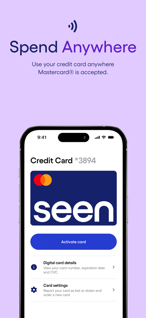 Seen Mobile - Build Credit - Écran de l'application Seen Mobile montrant une carte de crédit numérique avec un bouton activer la carte